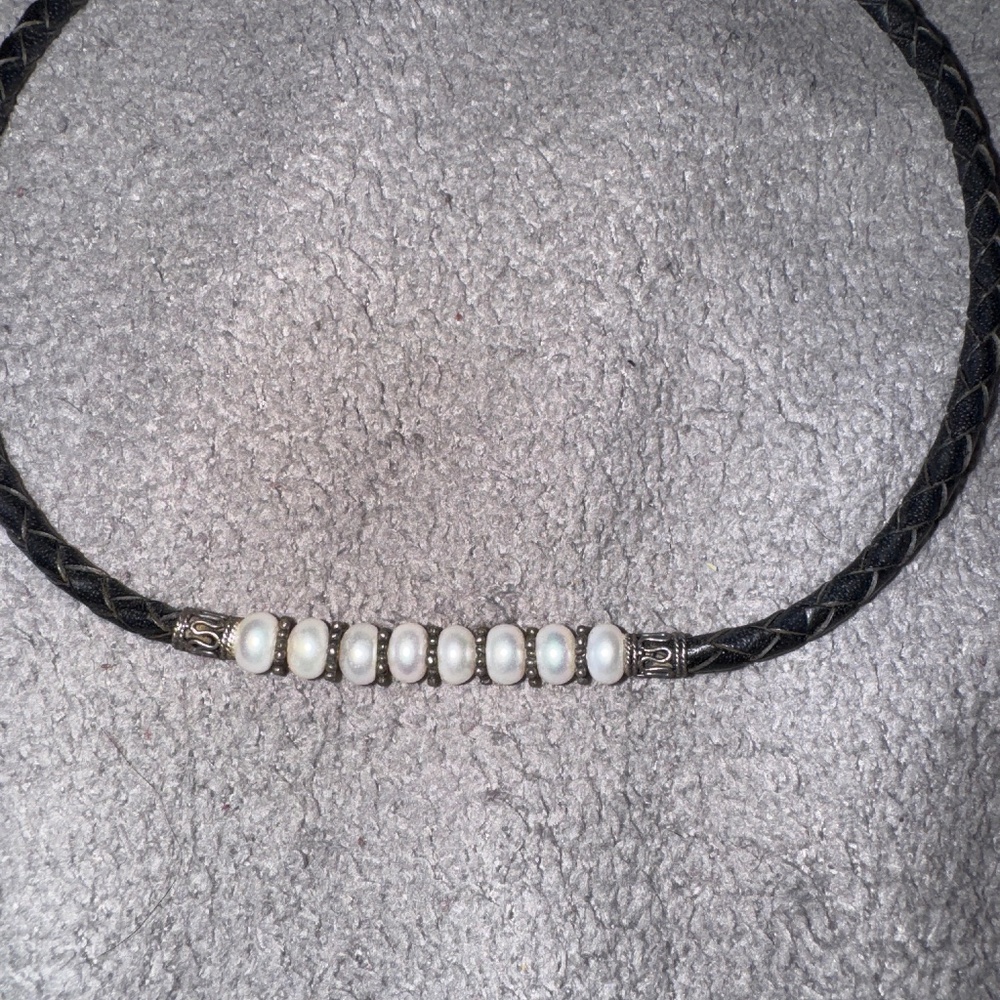 Sterling silver, black leather and freshwater pearl necklace and bracelet set.